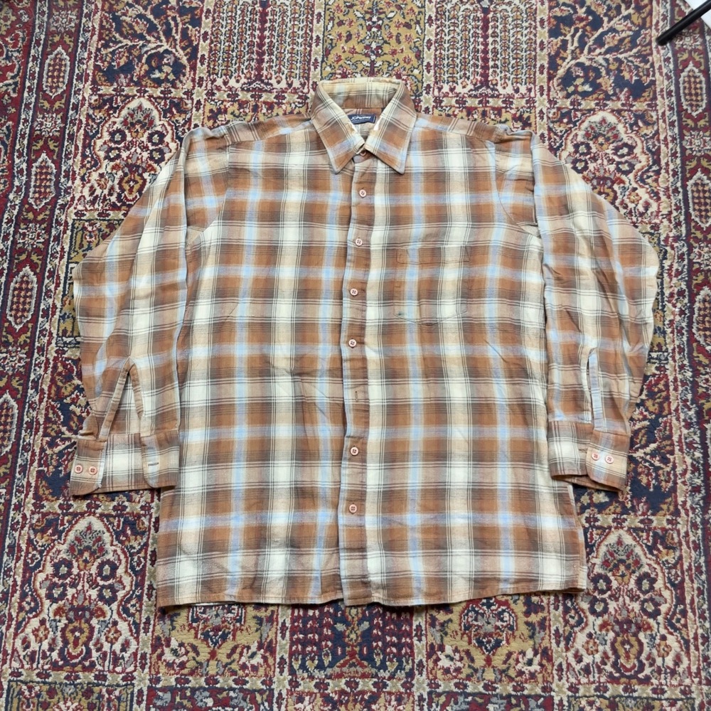 VTG 70s JCPenney L Tall Brown Sky Blue Plaid Flannel Cotton Button Up Shirt USA